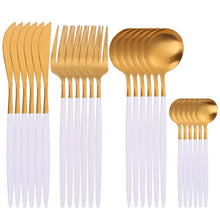 Load image into Gallery viewer, 24pcs Gold Tableware Set 18/10 Stainless Steel Dinnerware Set Knife Fork Spoon Flatware Set Dishwasher Safe Cutlery Set Gift Box