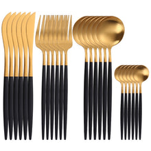 Load image into Gallery viewer, 24pcs Gold Tableware Set 18/10 Stainless Steel Dinnerware Set Knife Fork Spoon Flatware Set Dishwasher Safe Cutlery Set Gift Box