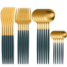 Load image into Gallery viewer, 24pcs Gold Tableware Set 18/10 Stainless Steel Dinnerware Set Knife Fork Spoon Flatware Set Dishwasher Safe Cutlery Set Gift Box