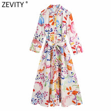 Load image into Gallery viewer, Zevity Women Vintage Totem Floral Print Bow Sashes Midi Shirt Dress Female Chic Three Quarter Sleeve Casual Slim Vestidos DS8361