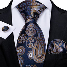 Load image into Gallery viewer, Luxury Blue Gold Paisley Men's Tie Business Wedding Formal Neck Tie For Men Gift Cravate Silk Tie Handkerchief Cufflinks DiBanGu