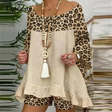 Load image into Gallery viewer, Summer Vintage Leopard Patchwork Outfits Set Cotton Linen Shirt Tops And Loose Shorts Suit Casual 3/4 Sleeve Women Two Piece Set