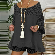 Load image into Gallery viewer, Summer Vintage Leopard Patchwork Outfits Set Cotton Linen Shirt Tops And Loose Shorts Suit Casual 3/4 Sleeve Women Two Piece Set