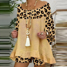 Load image into Gallery viewer, Summer Vintage Leopard Patchwork Outfits Set Cotton Linen Shirt Tops And Loose Shorts Suit Casual 3/4 Sleeve Women Two Piece Set