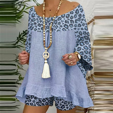 Load image into Gallery viewer, Summer Vintage Leopard Patchwork Outfits Set Cotton Linen Shirt Tops And Loose Shorts Suit Casual 3/4 Sleeve Women Two Piece Set