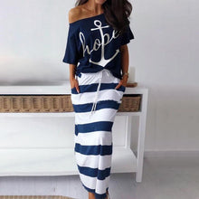 Load image into Gallery viewer, Women Off Shoulder Blouses T-shirt & Striped Maxi Dress Summer Slim Slash Neck 2 Pieces Sets Female Casual Ankle-Length Dress