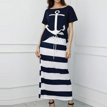 Load image into Gallery viewer, Women Off Shoulder Blouses T-shirt & Striped Maxi Dress Summer Slim Slash Neck 2 Pieces Sets Female Casual Ankle-Length Dress
