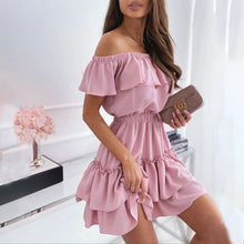 Load image into Gallery viewer, Casual Fashion Pink Slash Neck Mini Dress Women 2021 Summer Sexy Off-shoulder Ruffle Stitching Dress Woman Elegant Party Dresses