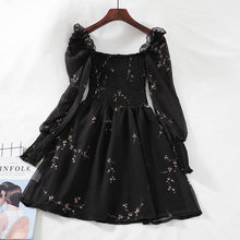 Load image into Gallery viewer, 2021 Autumn Womens Sexy Black Dress Vintage Flower Long Puff Sleeve Chiffon Dresses Korean Casual Mini Vestidos Mujer Clothes