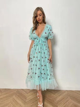 Load image into Gallery viewer, ISAROSE 2021 Strawberry Dress Women Fashion Deep V Puff Sleeve Sweet Voile Mesh Sequins Embroidery French Party Dresses 4XL 5XL