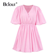 Load image into Gallery viewer, Bclout Elegant V Neck White Pink Bodycon Dress Women Summer Puff Sleeve Pleated Short Dresses Office Fit And Flare Vestido 2021
