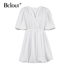 Load image into Gallery viewer, Bclout Elegant V Neck White Pink Bodycon Dress Women Summer Puff Sleeve Pleated Short Dresses Office Fit And Flare Vestido 2021