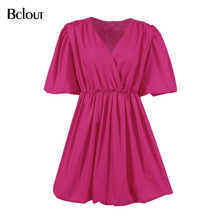 Load image into Gallery viewer, Bclout Elegant V Neck White Pink Bodycon Dress Women Summer Puff Sleeve Pleated Short Dresses Office Fit And Flare Vestido 2021
