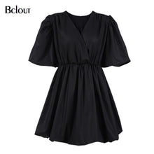 Load image into Gallery viewer, Bclout Elegant V Neck White Pink Bodycon Dress Women Summer Puff Sleeve Pleated Short Dresses Office Fit And Flare Vestido 2021