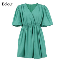 Load image into Gallery viewer, Bclout Elegant V Neck White Pink Bodycon Dress Women Summer Puff Sleeve Pleated Short Dresses Office Fit And Flare Vestido 2021