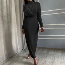 Load image into Gallery viewer, InstaHot Elegant Women Dress Stand Collar Slim Waist Solid Blue Ankle Length Autumn Long Sleeve Casual Party Dress 2020 Fashion