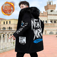 Load image into Gallery viewer, Autumn Winter New Hip Hop Men's Plush Thicken Overcoat Warm Streetwear Mid-Long Length Printed Jacket with Detachable Fur Collar