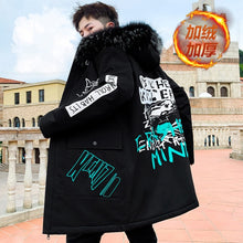 Load image into Gallery viewer, Autumn Winter New Hip Hop Men's Plush Thicken Overcoat Warm Streetwear Mid-Long Length Printed Jacket with Detachable Fur Collar