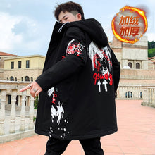 Load image into Gallery viewer, Autumn Winter New Hip Hop Men's Plush Thicken Overcoat Warm Streetwear Mid-Long Length Printed Jacket with Detachable Fur Collar