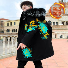 Load image into Gallery viewer, Autumn Winter New Hip Hop Men's Plush Thicken Overcoat Warm Streetwear Mid-Long Length Printed Jacket with Detachable Fur Collar