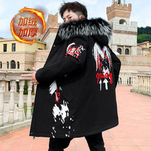 Load image into Gallery viewer, Autumn Winter New Hip Hop Men's Plush Thicken Overcoat Warm Streetwear Mid-Long Length Printed Jacket with Detachable Fur Collar