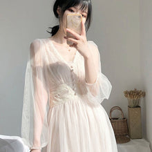 Load image into Gallery viewer, Dress Women 2021 Spring Plus Size Midi Dresses Elegant A-Line Vestidos Solid Puff Sleeve V-Neck Ladies Lace Dress Mesh 8126 50
