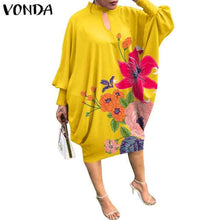 Load image into Gallery viewer, Women Summer Dress 2021 VONDA Beach Sundress Vintage Long Sleeve Printed Mdi Dress Casual Lapel Neck Party Vestidos Elegant Robe