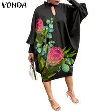 Load image into Gallery viewer, Women Summer Dress 2021 VONDA Beach Sundress Vintage Long Sleeve Printed Mdi Dress Casual Lapel Neck Party Vestidos Elegant Robe