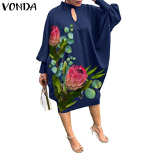 Load image into Gallery viewer, Women Summer Dress 2021 VONDA Beach Sundress Vintage Long Sleeve Printed Mdi Dress Casual Lapel Neck Party Vestidos Elegant Robe