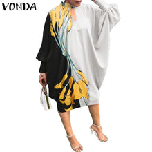 Load image into Gallery viewer, Women Summer Dress 2021 VONDA Beach Sundress Vintage Long Sleeve Printed Mdi Dress Casual Lapel Neck Party Vestidos Elegant Robe