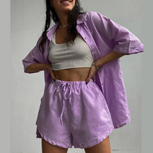 Load image into Gallery viewer, Casual Womem Yellow Lounge Wear Summer Tracksuit Shorts Set Long Sleeve Shirt Tops And Mini Shorts Suit 2021 New Two Piece Set
