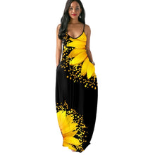 Load image into Gallery viewer, 2021 Sunflower Print Long Maxi Dress Sleeveless Women Summer Sexy V-Neck Black Strappy Dress Open Back vestido de verano