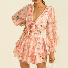 Load image into Gallery viewer, Women Spring V Neck Chiffon Print Dress Self-tie Knot Front Ruffles Leopard Dress Female Sexy Short A Line Party Vestidos 2021