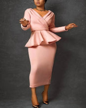 Load image into Gallery viewer, Sexy Slim Fit Ruffle Party Dress Bodycon Pink Long Sleeve V Neck Midi Dress Big Size Bridesmaid Birthday Outfits Spring Summer