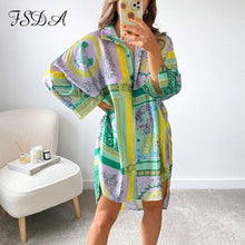 Load image into Gallery viewer, FSDA 2021 Summer Long Sleeve Shirt Dress Women V Neck Print Blue Loose Beach Sexy Party Casual Green Dresses