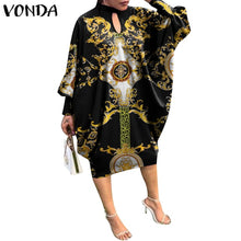 Load image into Gallery viewer, Women Summer Dress 2021 VONDA Beach Sundress Vintage Long Sleeve Printed Mdi Dress Casual Lapel Neck Party Vestidos Elegant Robe