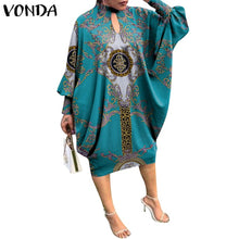 Load image into Gallery viewer, Women Summer Dress 2021 VONDA Beach Sundress Vintage Long Sleeve Printed Mdi Dress Casual Lapel Neck Party Vestidos Elegant Robe