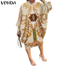 Load image into Gallery viewer, Women Summer Dress 2021 VONDA Beach Sundress Vintage Long Sleeve Printed Mdi Dress Casual Lapel Neck Party Vestidos Elegant Robe