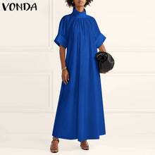 Load image into Gallery viewer, 2021 VONDA Summer Dress Women Turtleneck Vintage Short Sleeve Party Dresses Elegant Robe Bohemian Vestidos Long Maxi Robes Femme