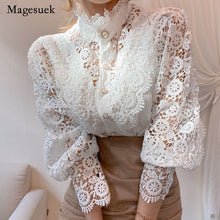Load image into Gallery viewer, Petal Sleeve Stand Collar Hollow Out Flower Lace Patchwork Shirt Femme Blusas All-match Women Lace Blouse Button White Top 12419