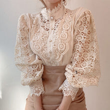 Load image into Gallery viewer, Petal Sleeve Stand Collar Hollow Out Flower Lace Patchwork Shirt Femme Blusas All-match Women Lace Blouse Button White Top 12419