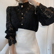 Load image into Gallery viewer, Petal Sleeve Stand Collar Hollow Out Flower Lace Patchwork Shirt Femme Blusas All-match Women Lace Blouse Button White Top 12419