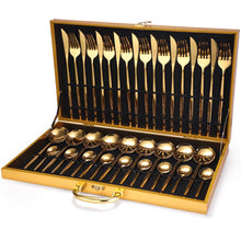 Load image into Gallery viewer, 24pcs Gold Dinnerware Set Stainless Steel Tableware Set Knife Fork Spoon Luxury Cutlery Set Gift Box Flatware Dishwasher Safe