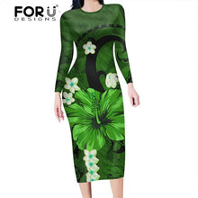 Load image into Gallery viewer, FORUDESIGNS Fashion Autumn Women Slim Pencil Dress Polynesian Hawaii Hibiscus Purple Plus Size Midi Bodycon Dresses for Female