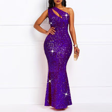Load image into Gallery viewer, Sequins Maxi Women Party Elegant Sexy Evening Dress One Shoulder Designer Long Evening Dresses Purple Fashion Robe Plus Size