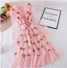 Load image into Gallery viewer, 2020 Summer Women Strawberry Dresses Emrbodiery Strawberry Lady Mesh Dress Femme Sequins Pink Mesh Dresses