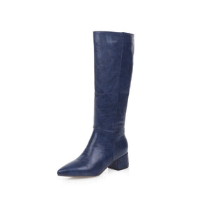 Serpentine pointed thick heel high boot