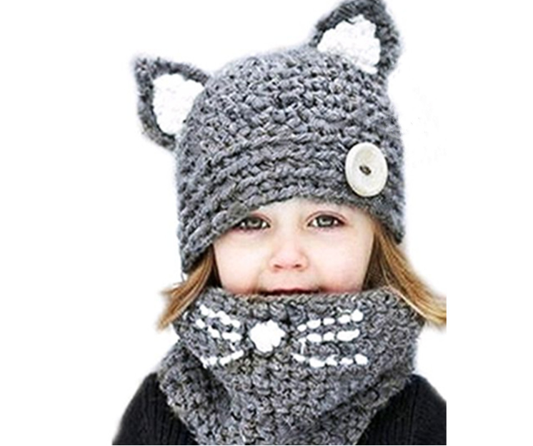Knit hat children's animal cat ears set hat hand-knitted warm neck bonnet