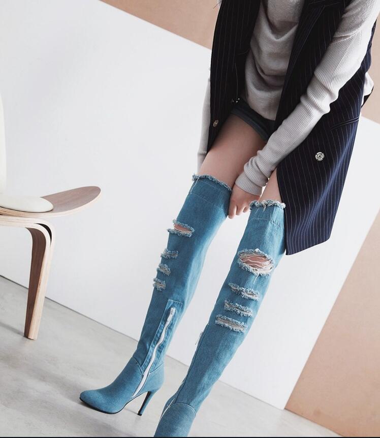 Fine-heeled high-heeled boots, hollow women's boots, large size 40-48 yards, denim boots