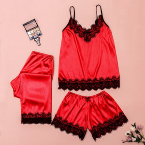 V Neck Eyelash Lace Bowknot Pajamas Three-piece Set